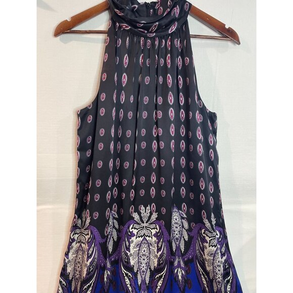 Vintage Sleeveless Silk Dress Black & Purple Paisley Print Halter Neck Size M - Picture 2 of 11